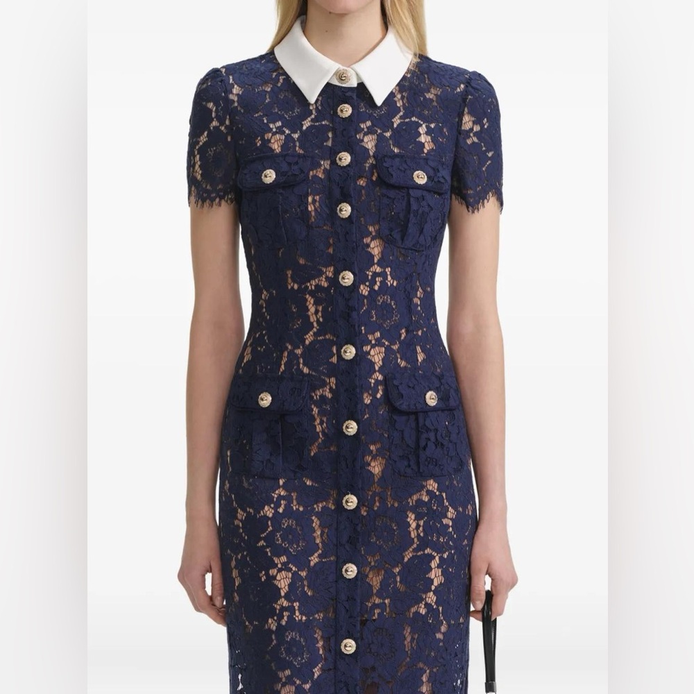 New with tags - Self-Portrait Navy Lace Midi Dress with White Collar US 4 - Picture 5 of 17